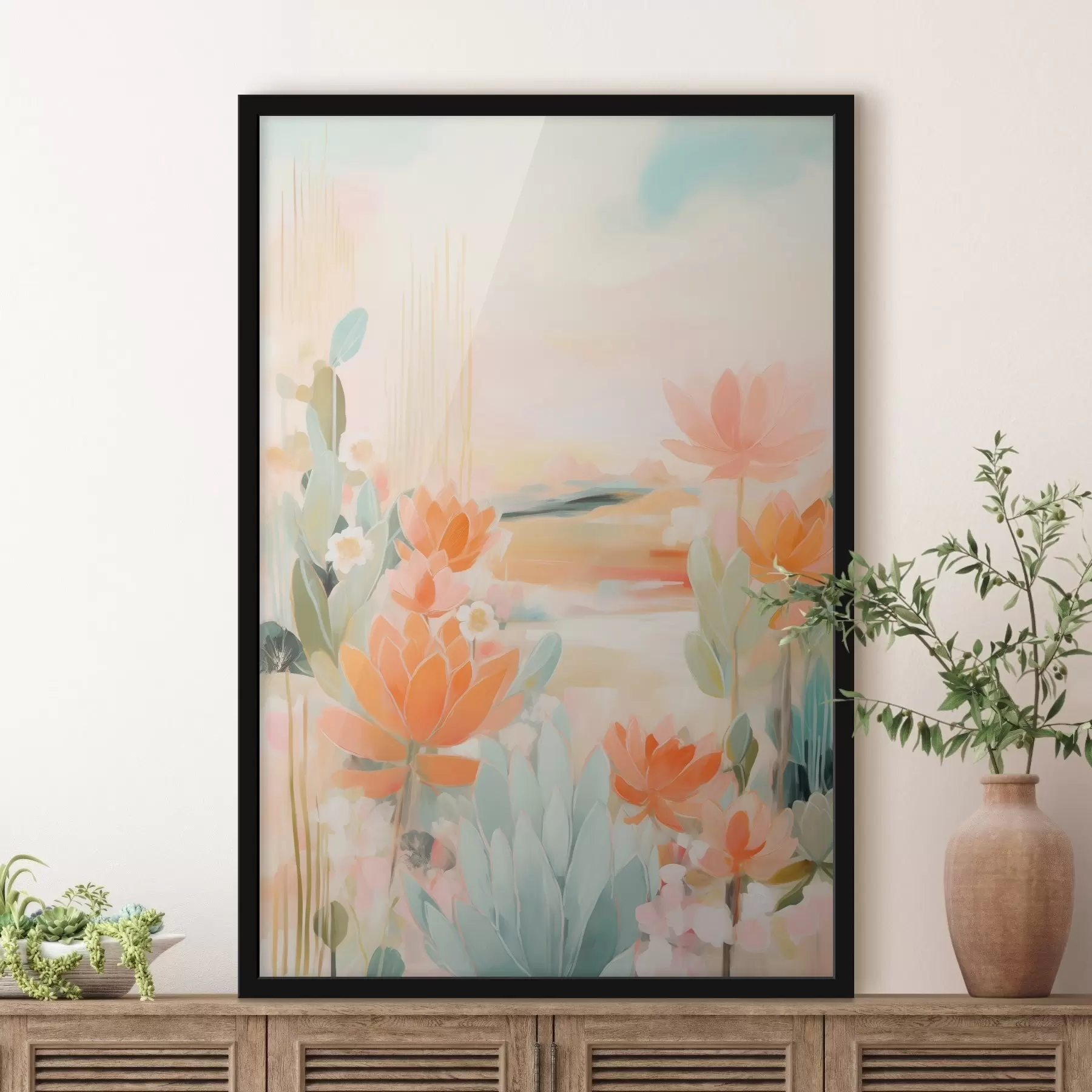 murales de pared Paisaje floral en tonos rosas y azules con un estilo pictórico contemporáneo. f46931