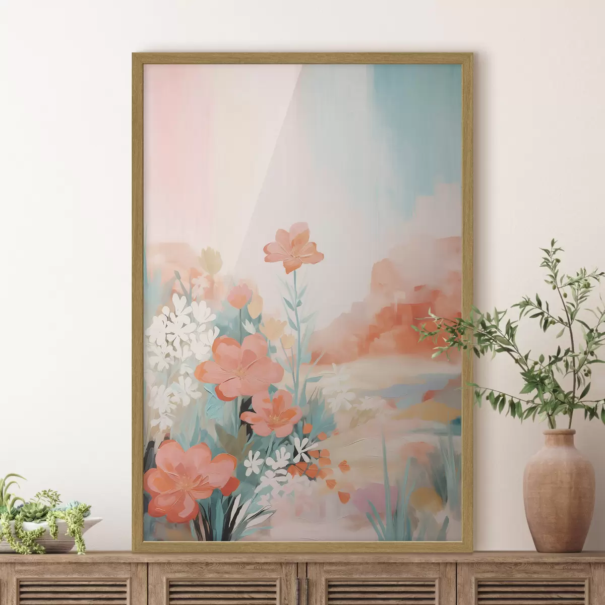 Poster Paisaje floral abstracto en una paleta de colores rosa y azul. f46932