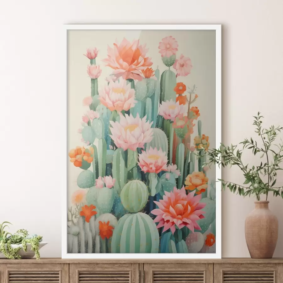 murales de pared Cactus en flor con flores rosas y naranjas en estilo ilustrativo. f46934