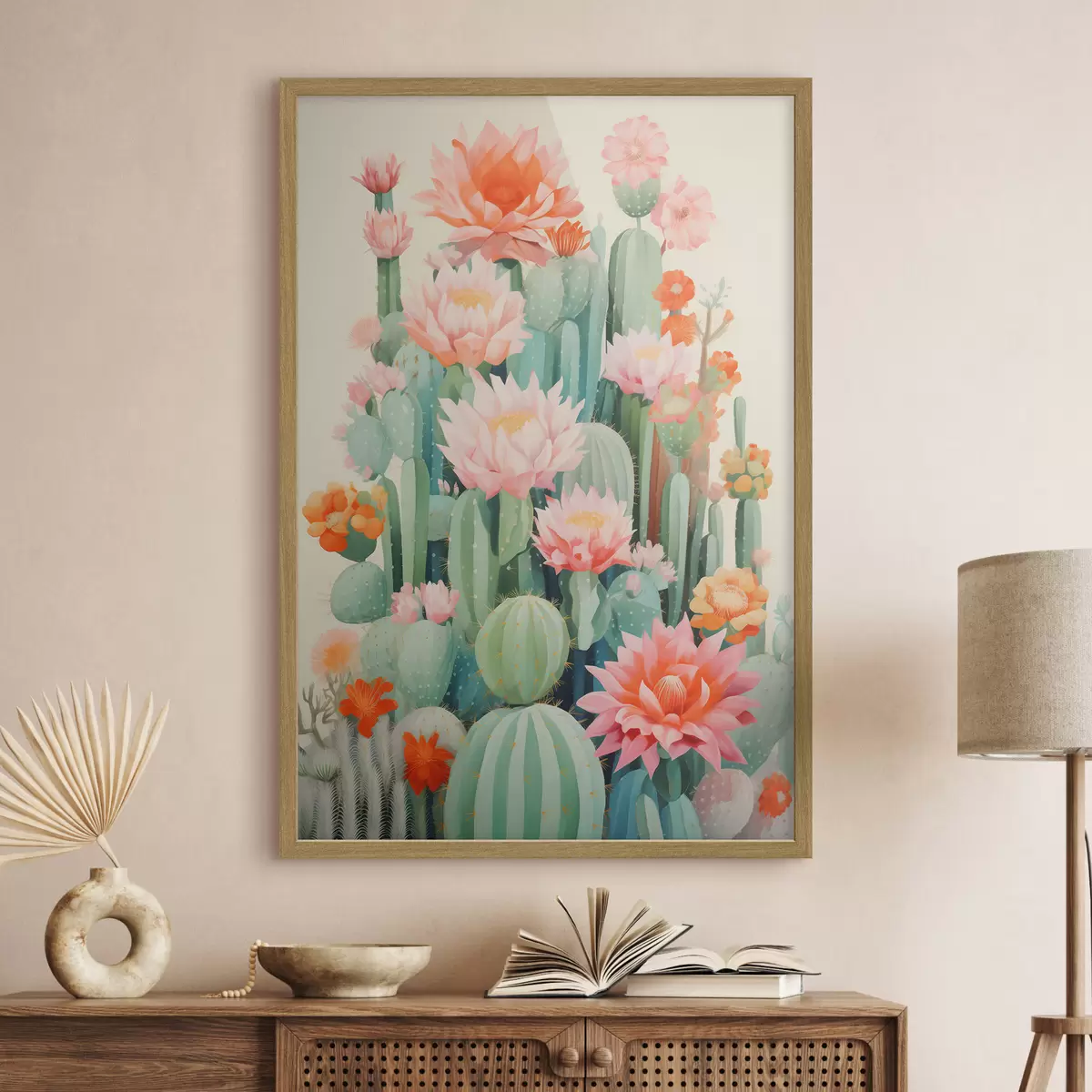 Poster Cactus en flor con flores rosas y naranjas en estilo ilustrativo. f46934