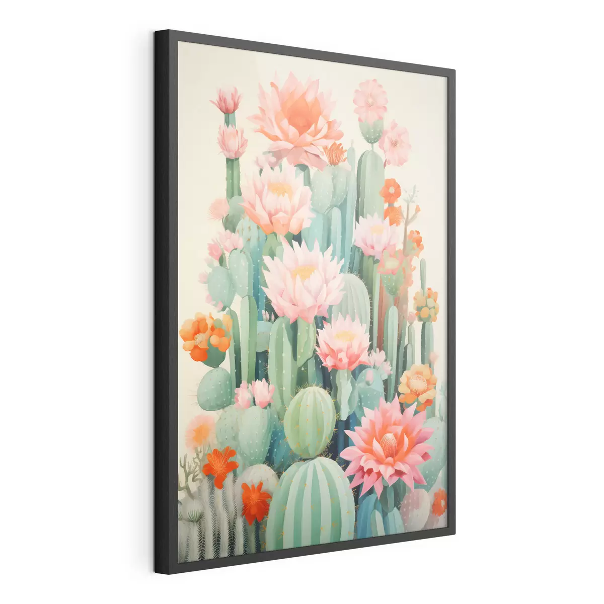 Poster Cactus en flor con flores rosas y naranjas en estilo ilustrativo. f46934