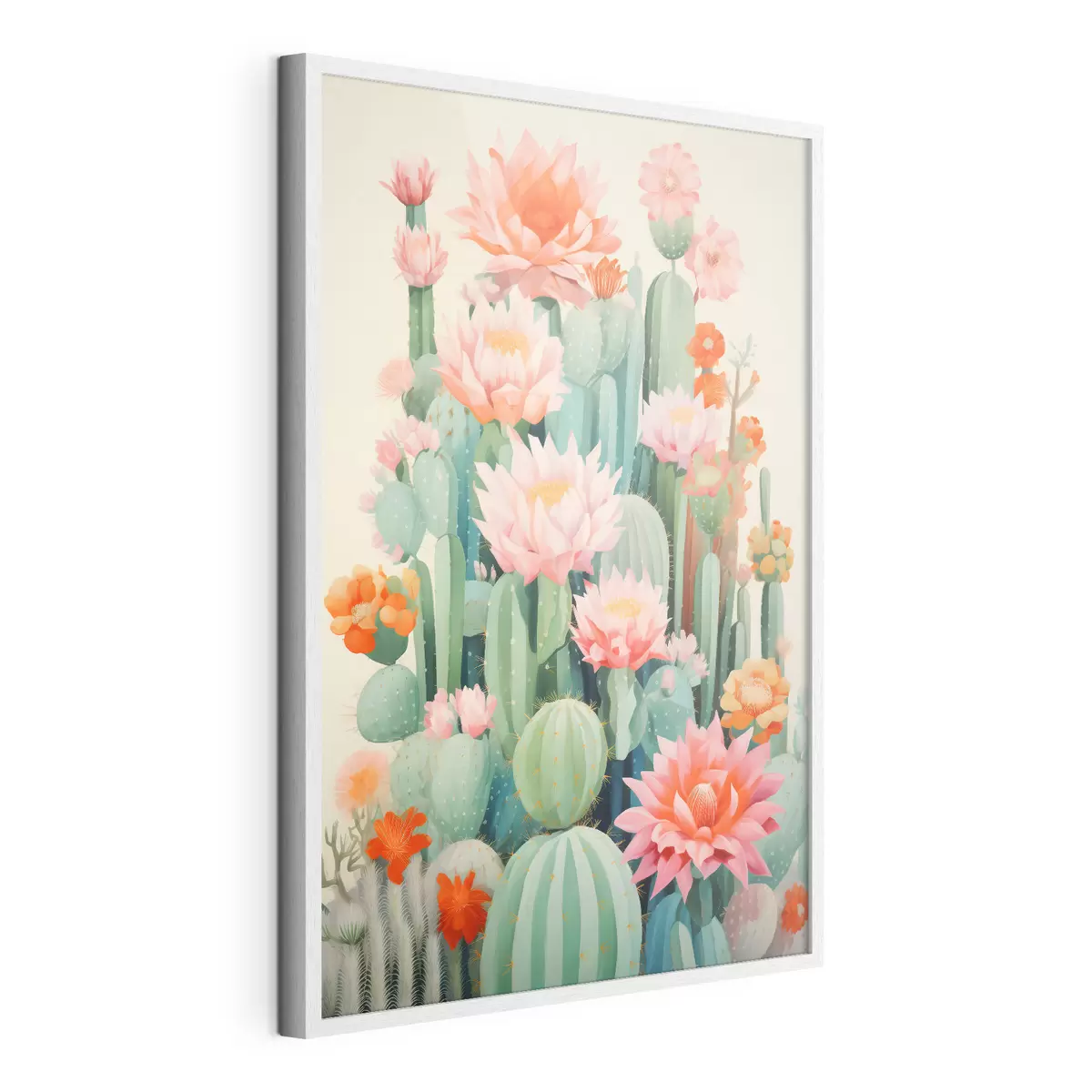 Poster Cactus en flor con flores rosas y naranjas en estilo ilustrativo. f46934