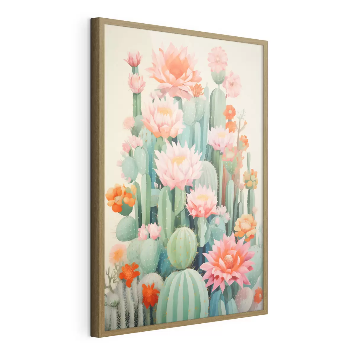 Poster Cactus en flor con flores rosas y naranjas en estilo ilustrativo. f46934