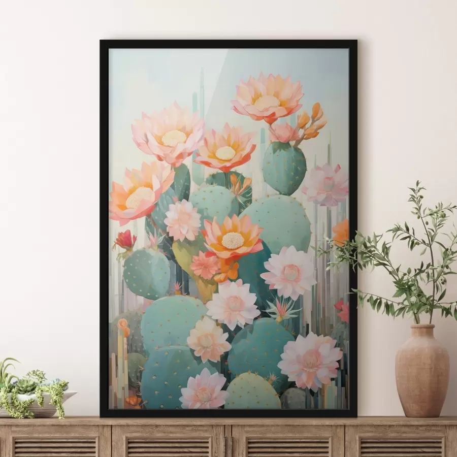 murales de pared Jardín de flores de cactus en una suave paleta de colores pastel con estilo ilustrativo. f46935