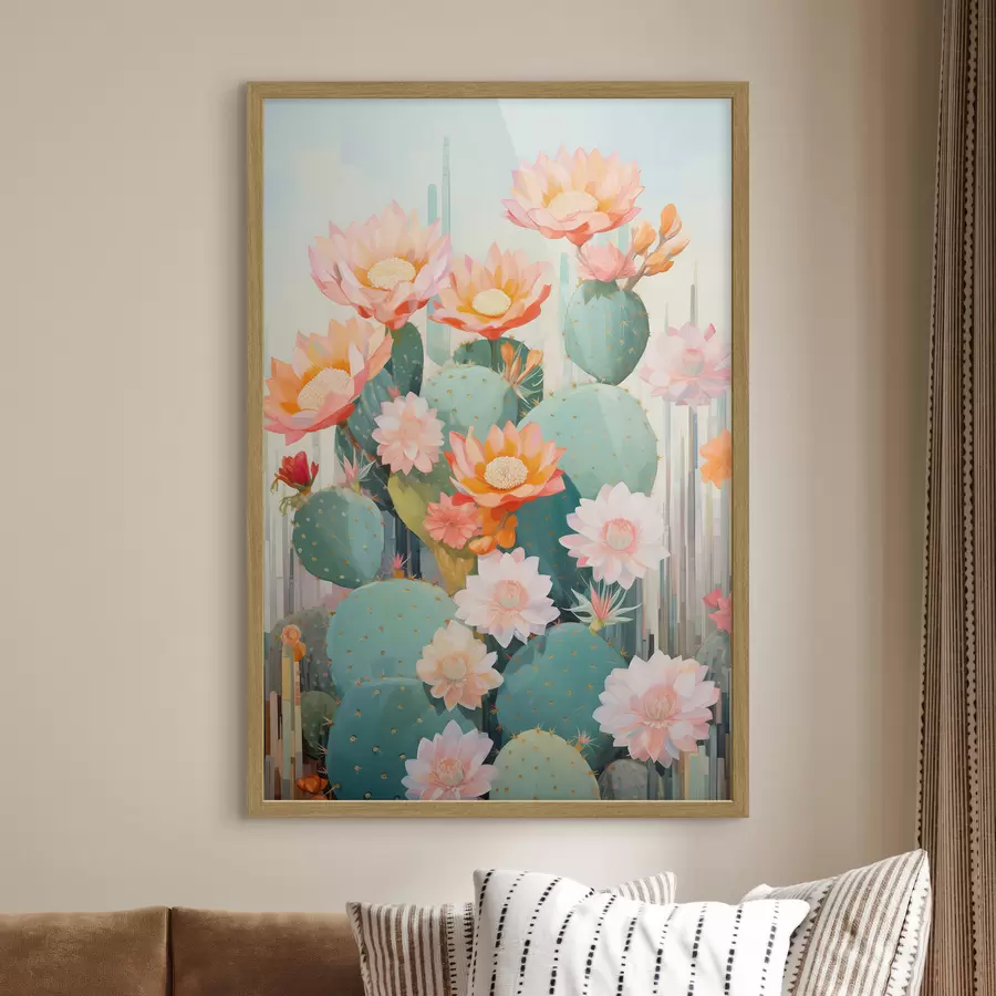 murales de pared Jardín de flores de cactus en una suave paleta de colores pastel con estilo ilustrativo. f46935