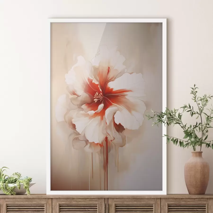 murales de pared Flor blanca y roja con pétalos semitransparentes y gotas de pintura fluidas. f46940