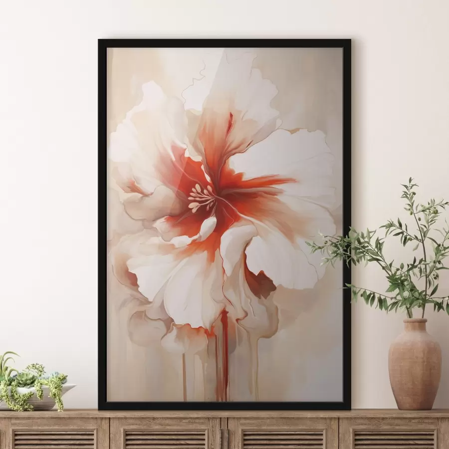 murales de pared Primer plano de una flor blanca y roja con pétalos semitransparentes y gotas de pintura fluidas. f46941