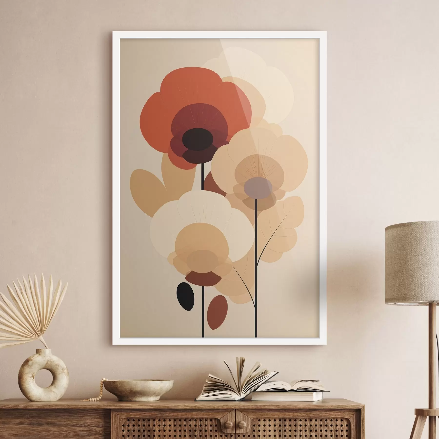 murales de pared Flores abstractas en una cálida paleta de tonos beige con un estilo minimalista. f46942