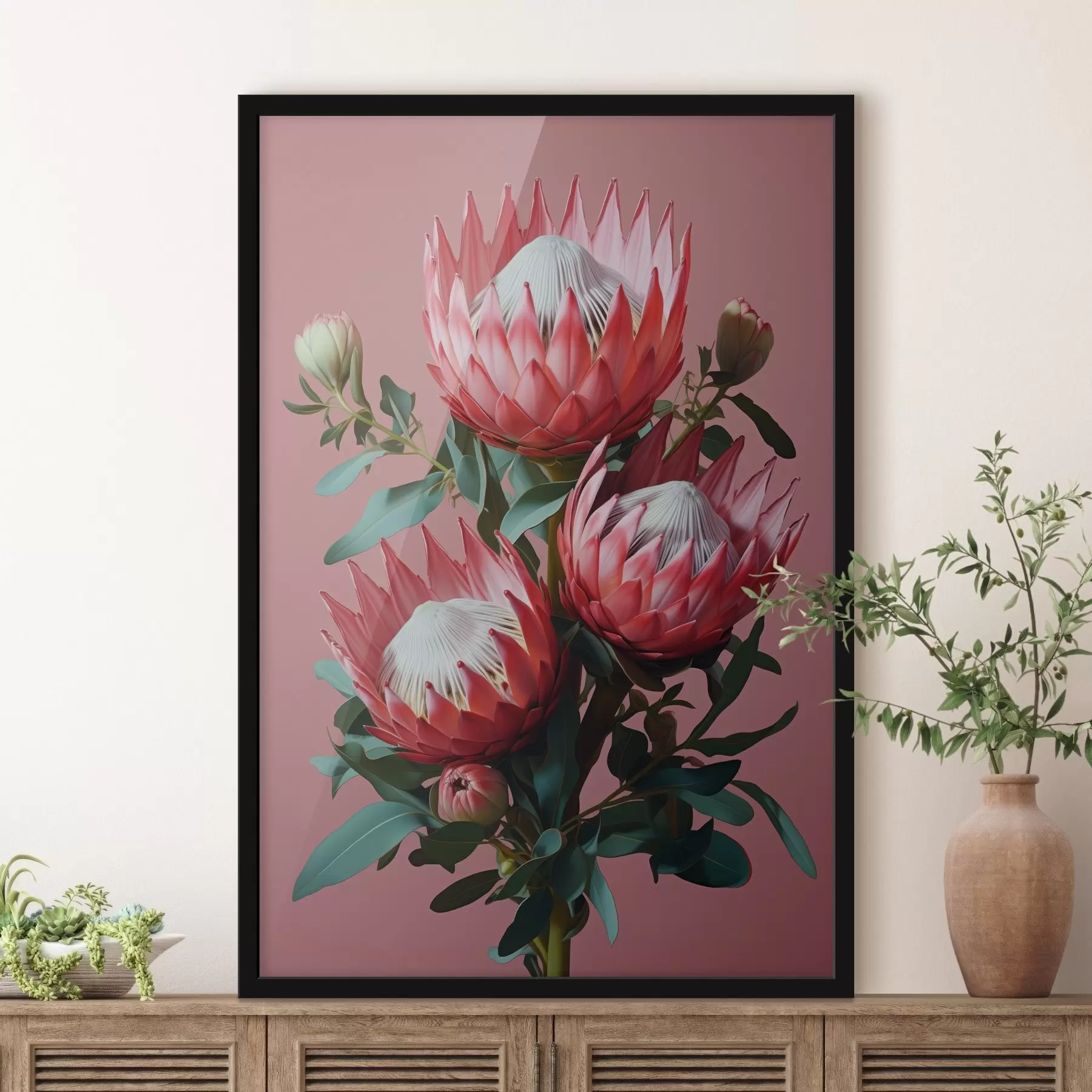 murales de pared Ramo de proteas con pétalos rojos y follaje verde sobre fondo rosa. f46946