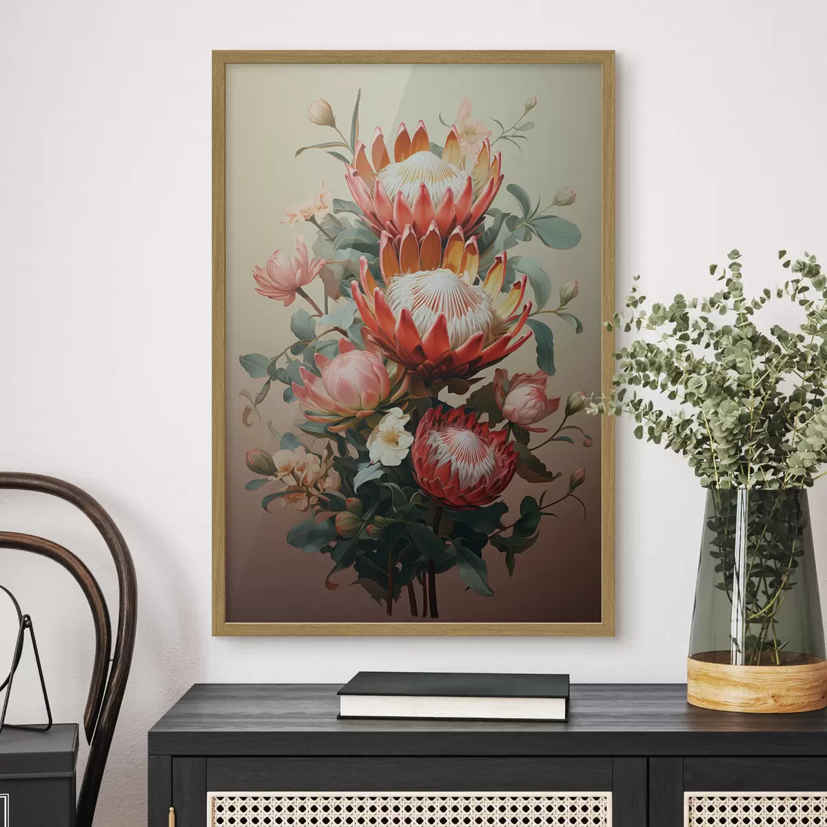 Poster Composición con grandes proteas en un estilo pictórico digital moderno. f46947