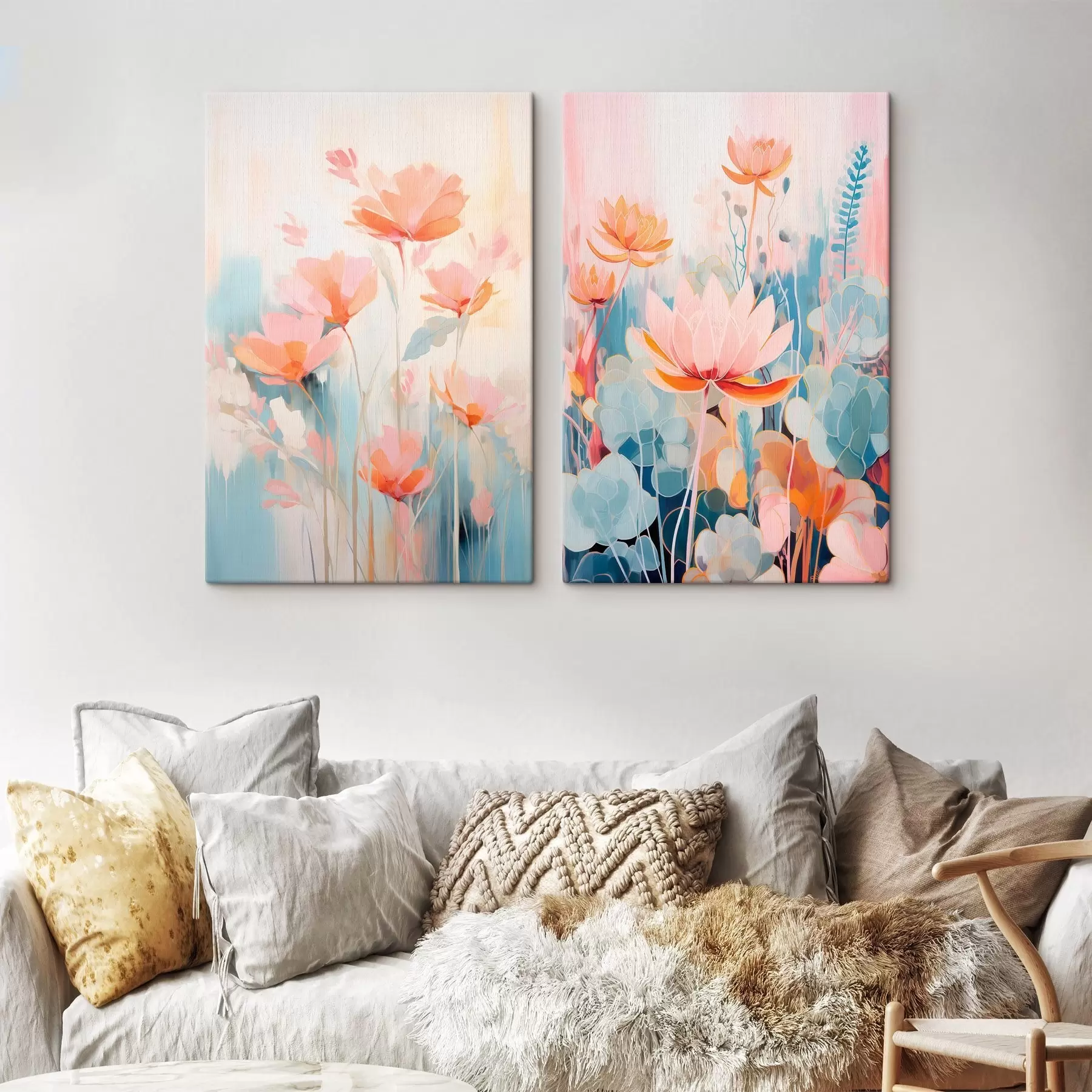 murales de pared Armonía acuarelada de flores en una paleta rosa y azul m01084