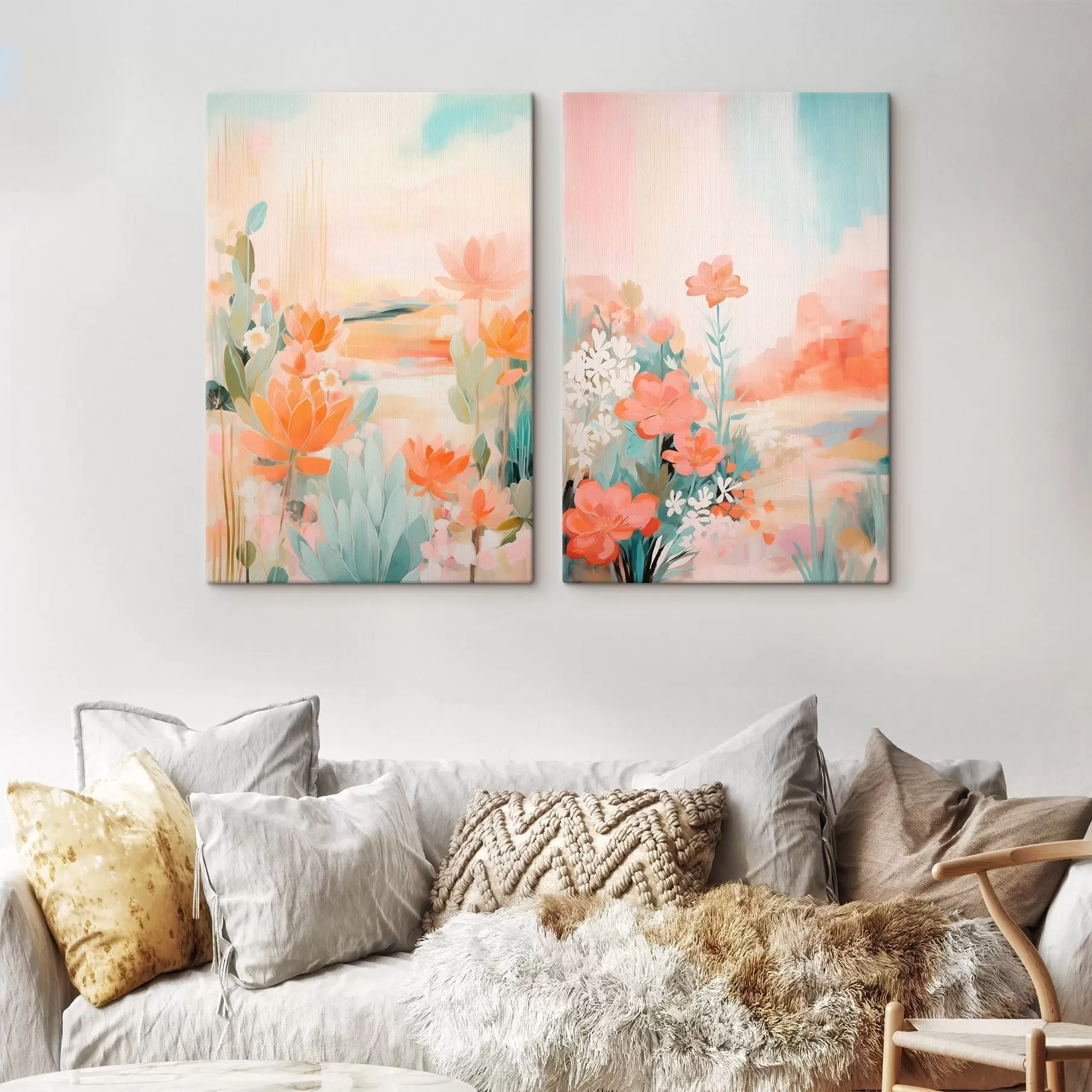 murales de pared Motivos florales en tonos pastel sobre un fondo de valle brumoso y luminoso. m01085