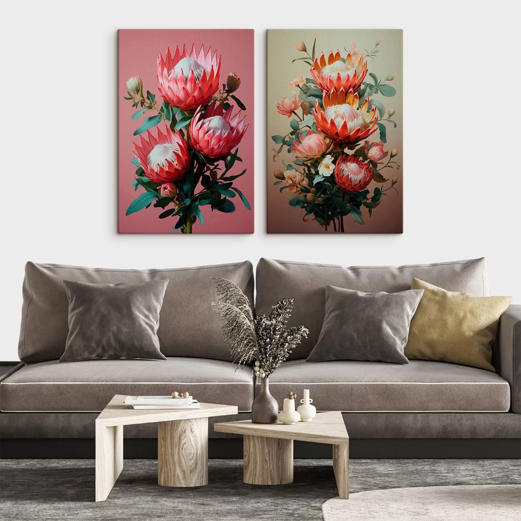murales de pared Proteas en dos estados de ánimo: fondo rosa intenso y un cálido degradado oliva. m01092