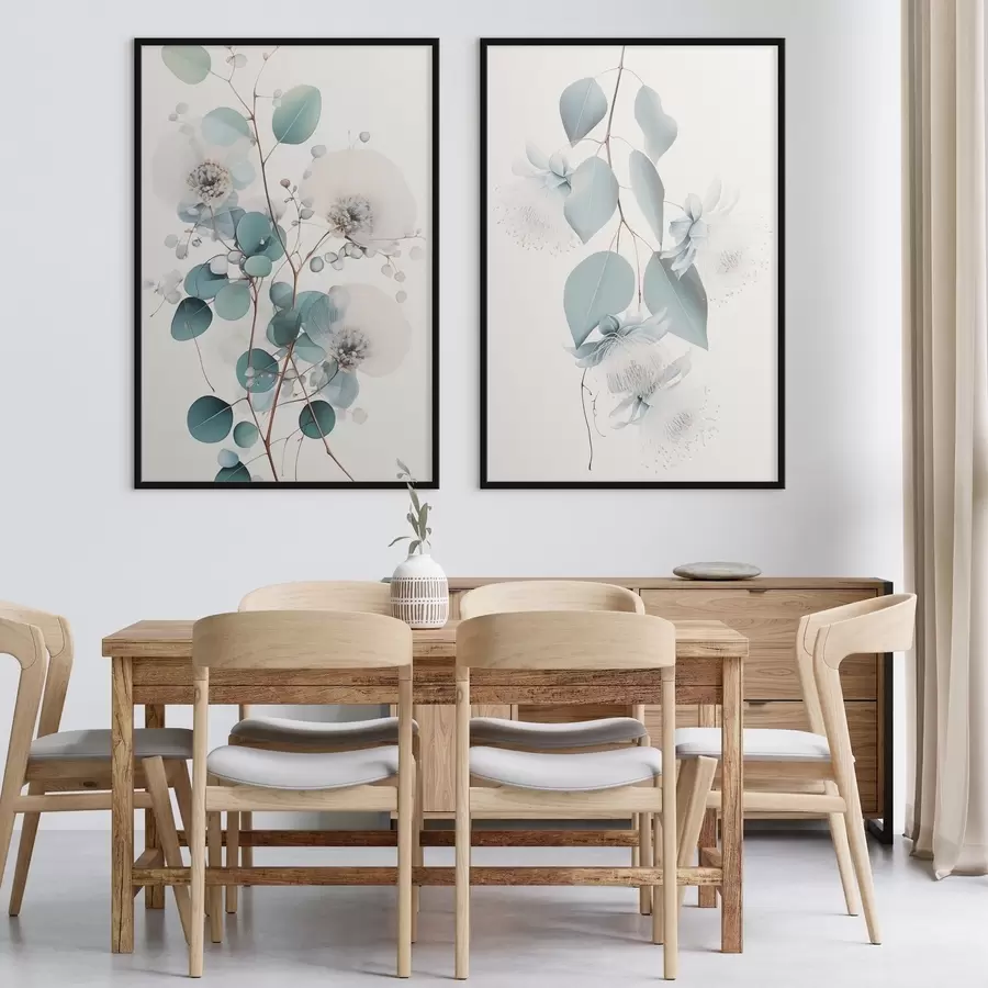 murales de pared Rama de eucalipto con hojas azules y flores blancas, fondo claro d00829