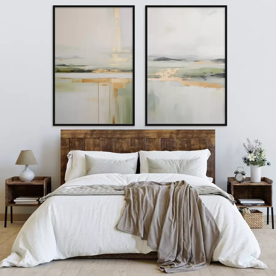 murales de pared Paisaje abstracto con toques amarillos, una composición minimalista de tierra, agua y cielo, con colores apagados d00877