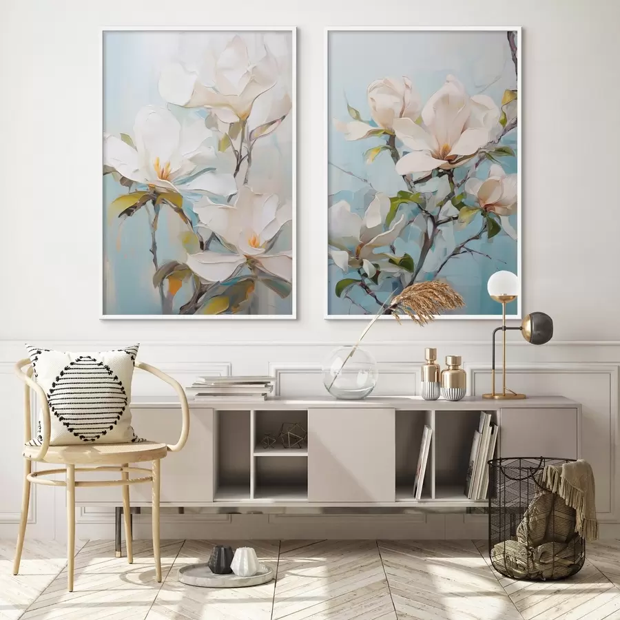 murales de pared Flores blancas de magnolia, fondo azul claro con suaves pinceladas, estilo pintura al óleo, textura impasto d00881