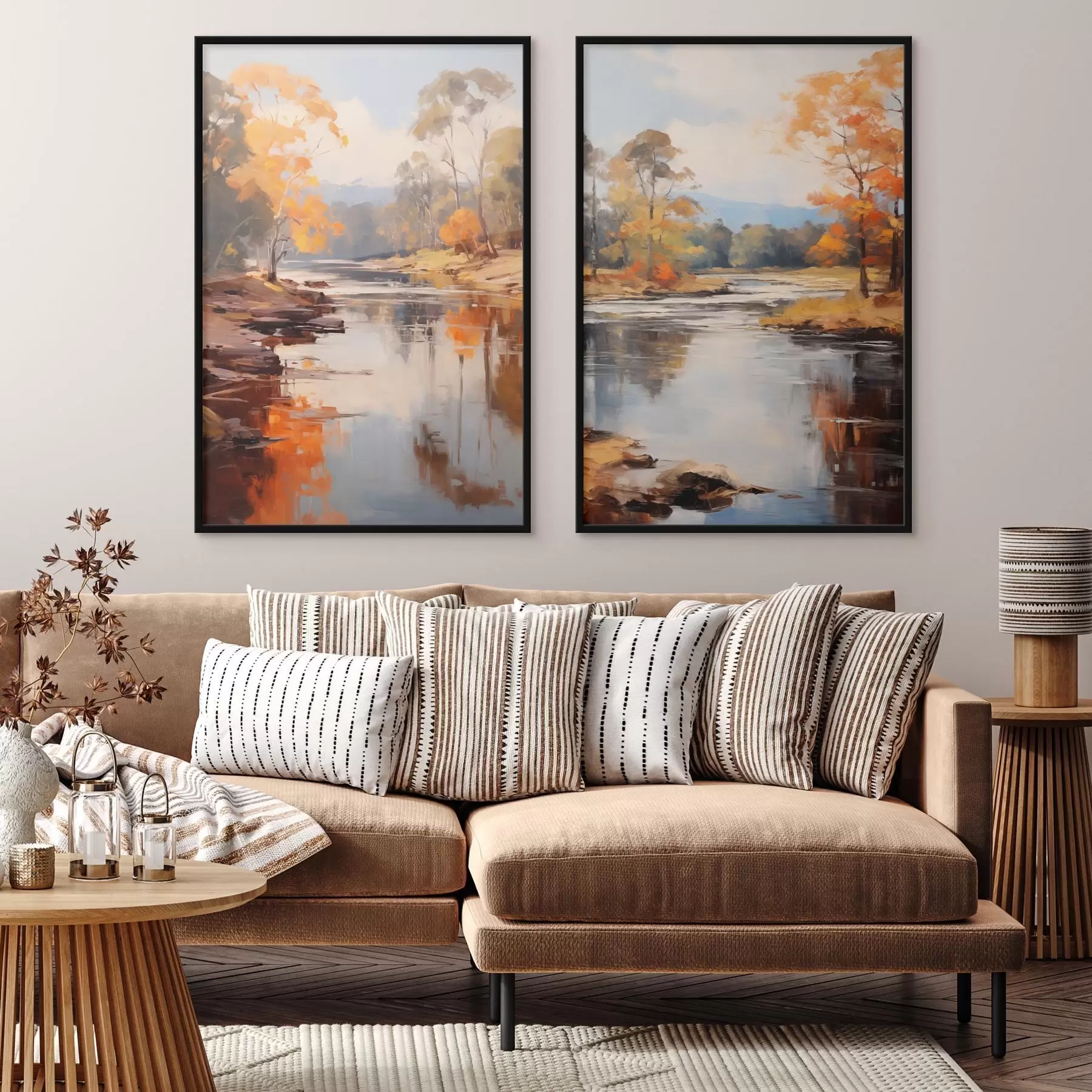 murales de pared Paisaje otoñal, río con árboles en la orilla, bosque al fondo, reflejos en el agua d00883