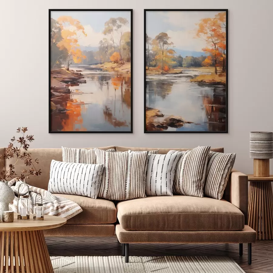 murales de pared Paisaje otoñal, río con árboles en la orilla, bosque al fondo, reflejos en el agua d00883