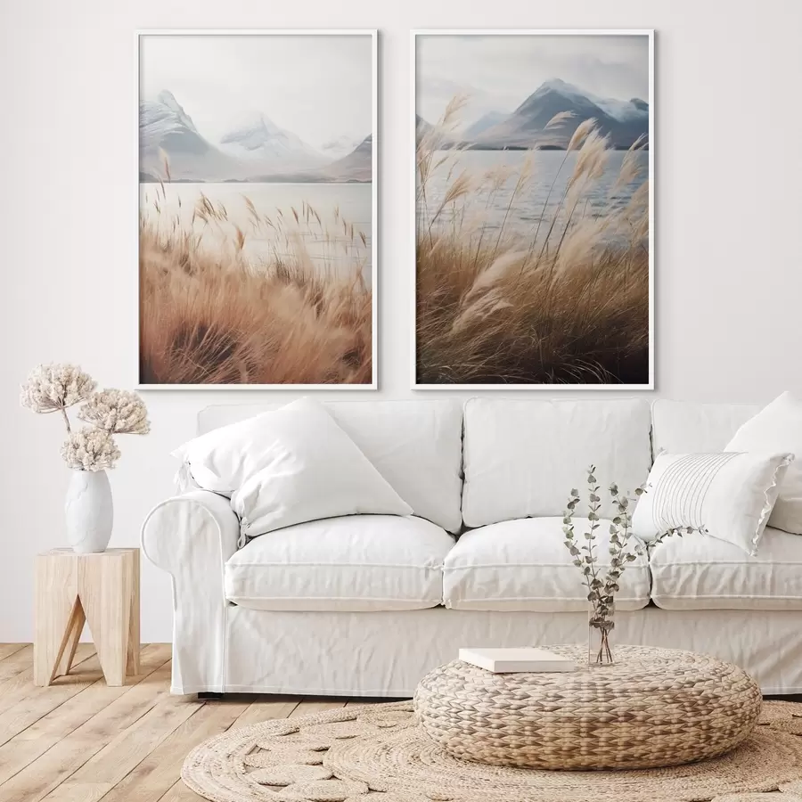 murales de pared Hierba de la pampa con un lago y montañas al fondo, iluminación suave, colores apagados, estilo naturalista d00884