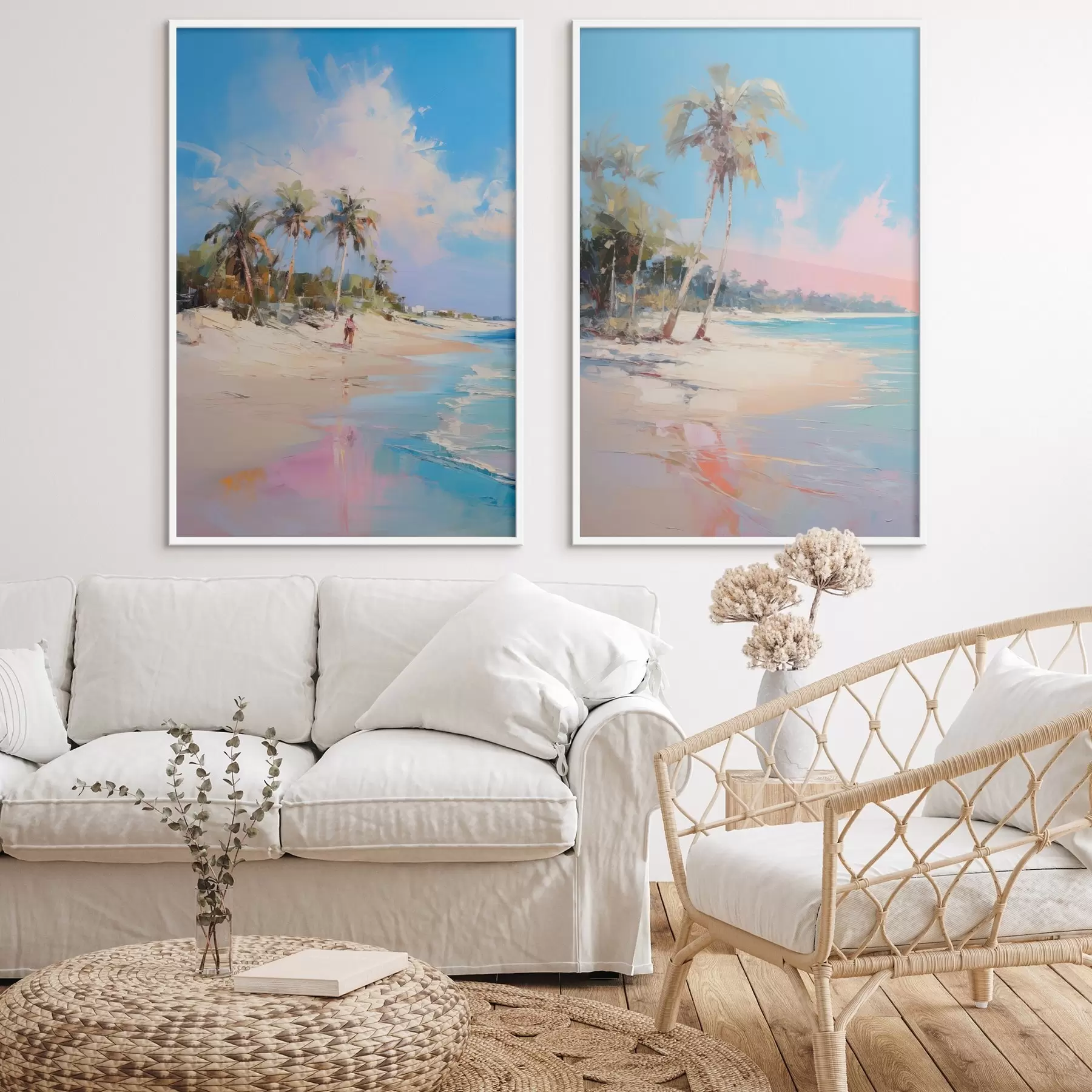 murales de pared Paisaje abstracto, una playa con palmeras, un día soleado con un cielo azul y algunas nubes. d00885