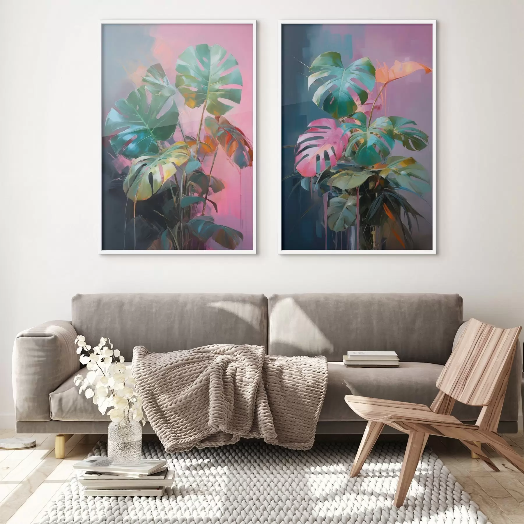 murales de pared Planta monstera abstracta con hojas de un verde intenso, sobre un fondo de suaves tonos rosados y morados. d00886