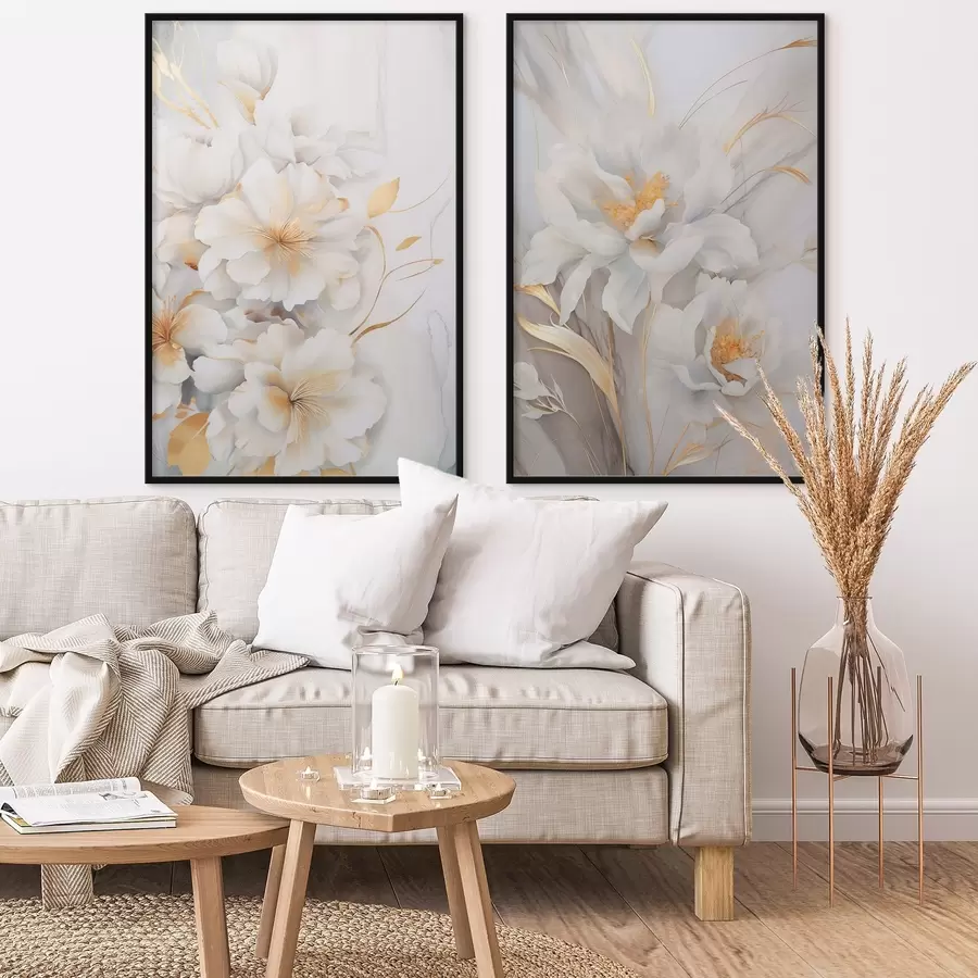 murales de pared Flores blancas con detalles amarillos, pétalos con sombras sutiles, fondo claro con un sutil efecto marmolado d00889