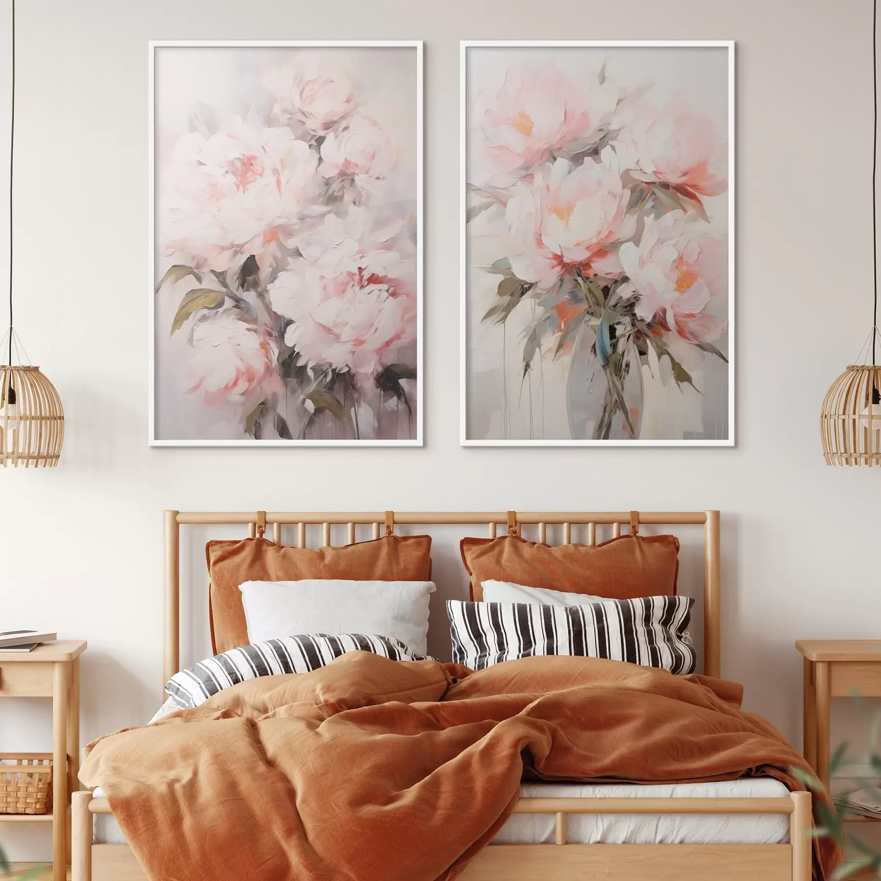 murales de pared Ramo de peonías rosa claro con hojas verdes, pinceladas suaves, colores pastel, sobre un fondo claro. d00890