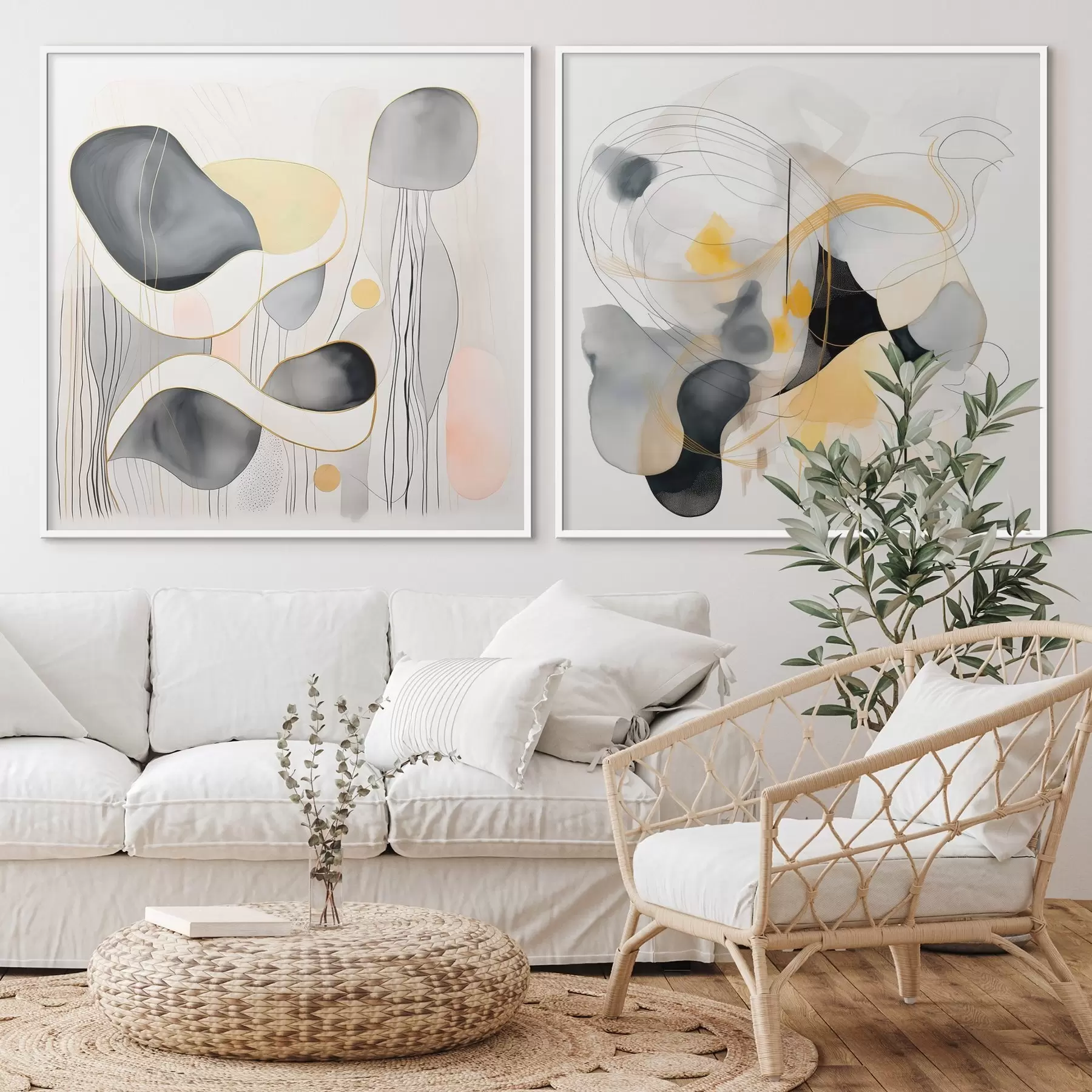 murales de pared Monocromo y acento amarillo en estilo abstracto d00905