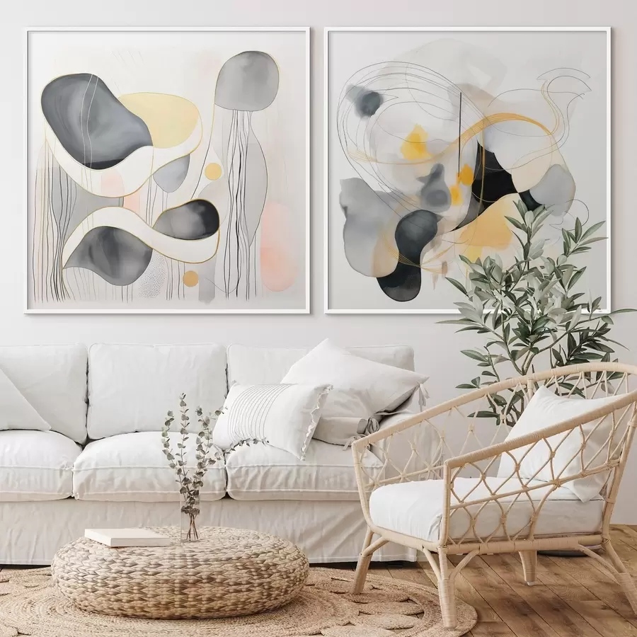 murales de pared Monocromo y acento amarillo en estilo abstracto d00905