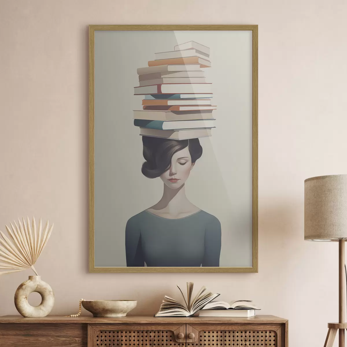 Poster Retrato surrealista de una niña con libros f47334