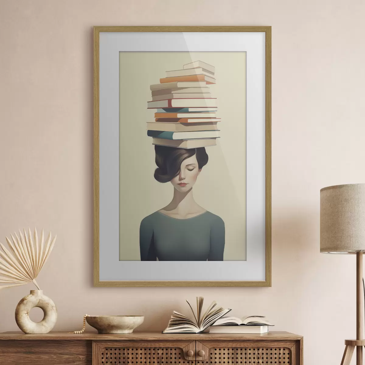 Poster Retrato surrealista de una niña con libros f47334