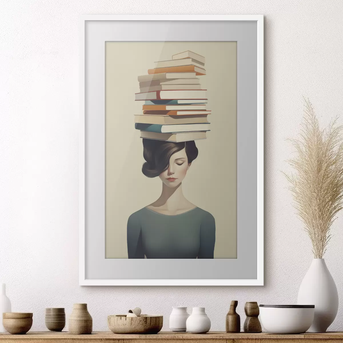 Poster Retrato surrealista de una niña con libros f47334