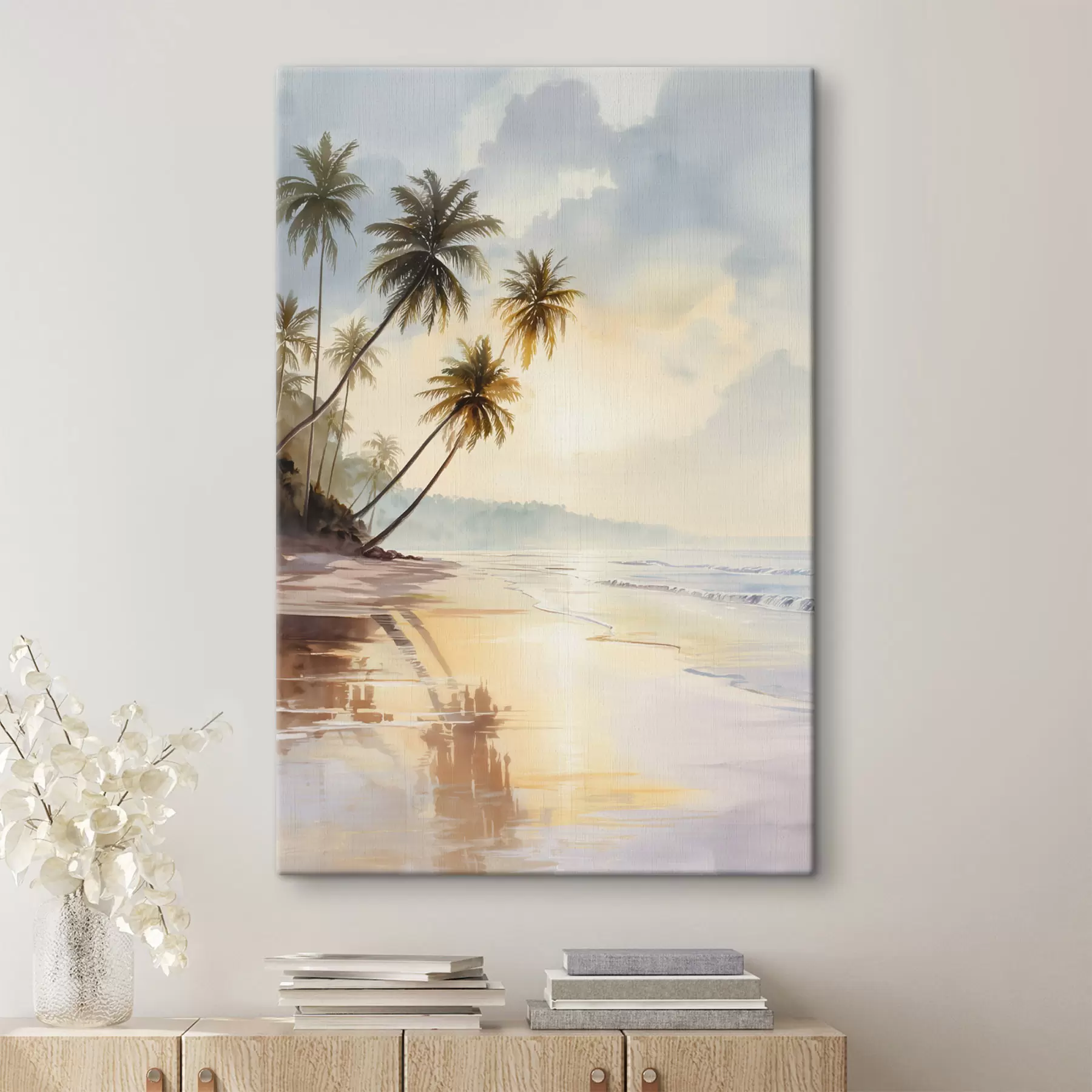 murales de pared Puesta de sol en la playa de una isla, en estilo acuarela. s47136