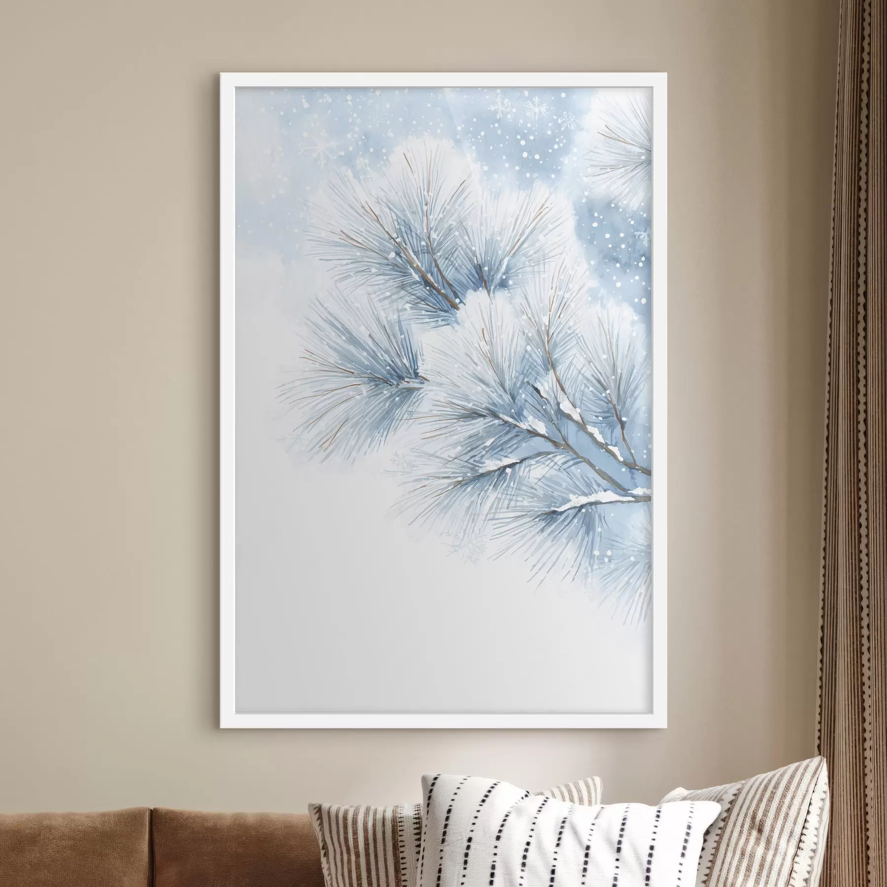 murales de pared rama de pino cubierta de nieve en estilo acuarela f47114