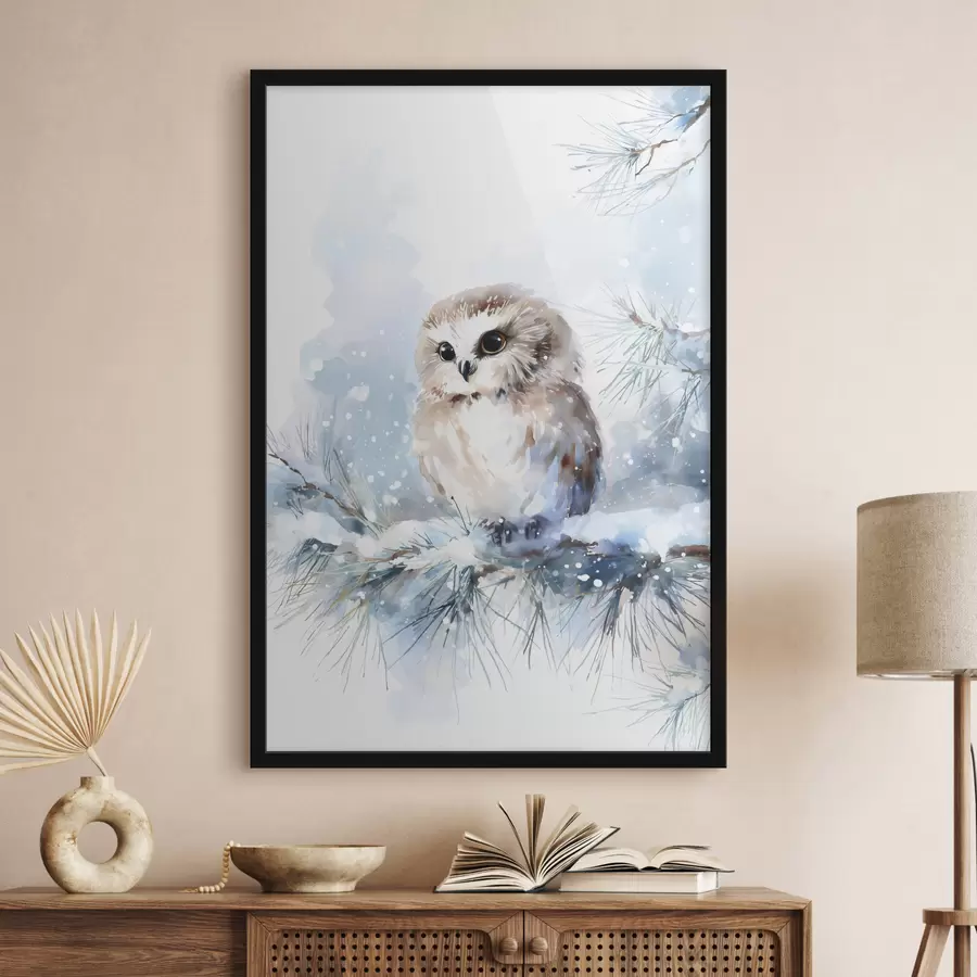 murales de pared Bonito búho sobre una rama de pino cubierta de nieve, pintado al estilo acuarela. f47115