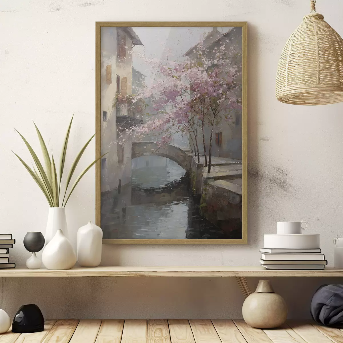 Poster Paisaje urbano romántico con un árbol en flor al estilo de la pintura al óleo. f47127
