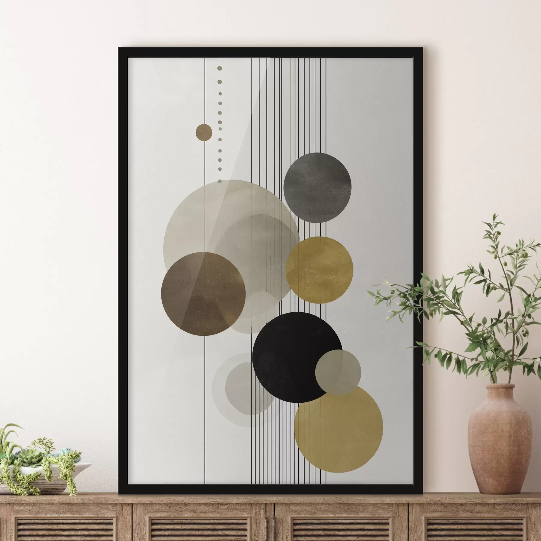 murales de pared abstracción con círculos y líneas en colores cálidos f47237