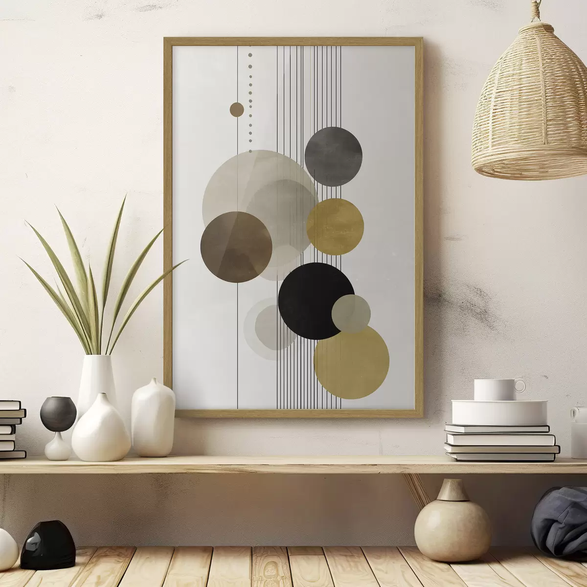 Poster abstracción con círculos y líneas en colores cálidos f47237