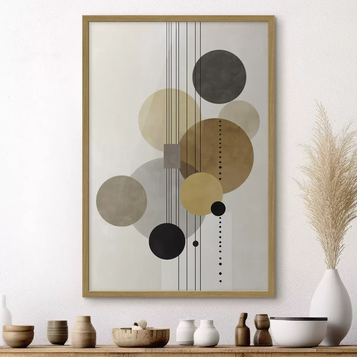 Poster abstracción con círculos y líneas en colores cálidos f47238
