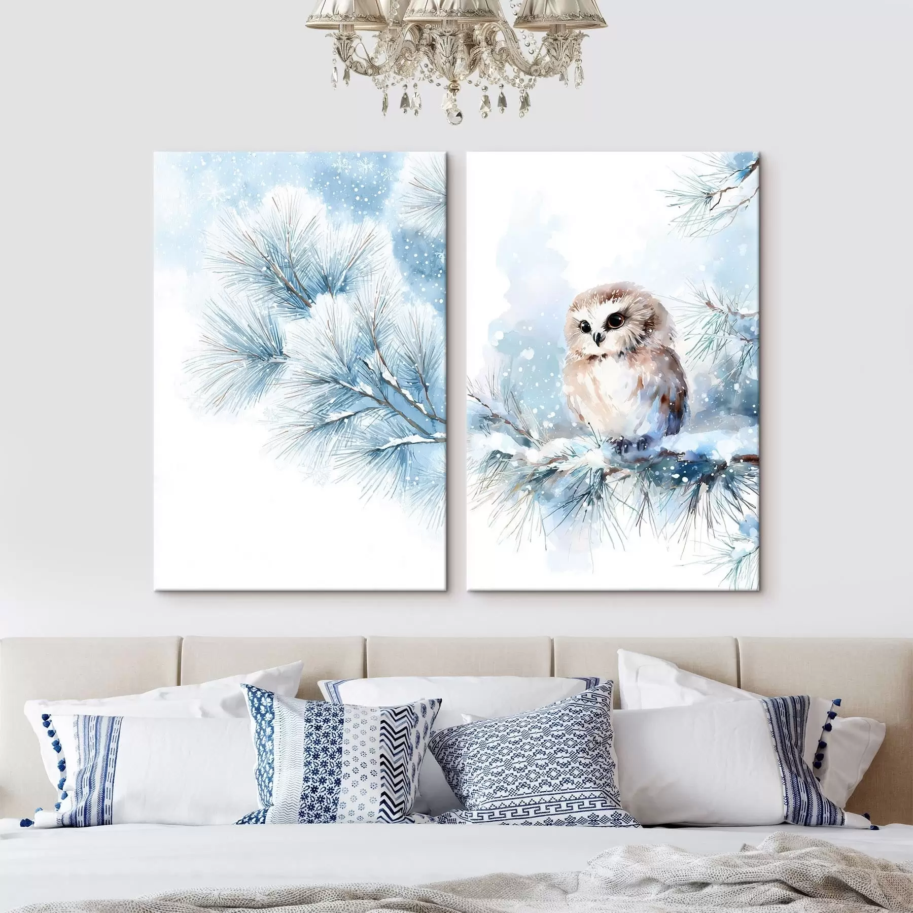 murales de pared Bonito búho sobre una rama de pino cubierta de nieve, pintado al estilo acuarela. m01168