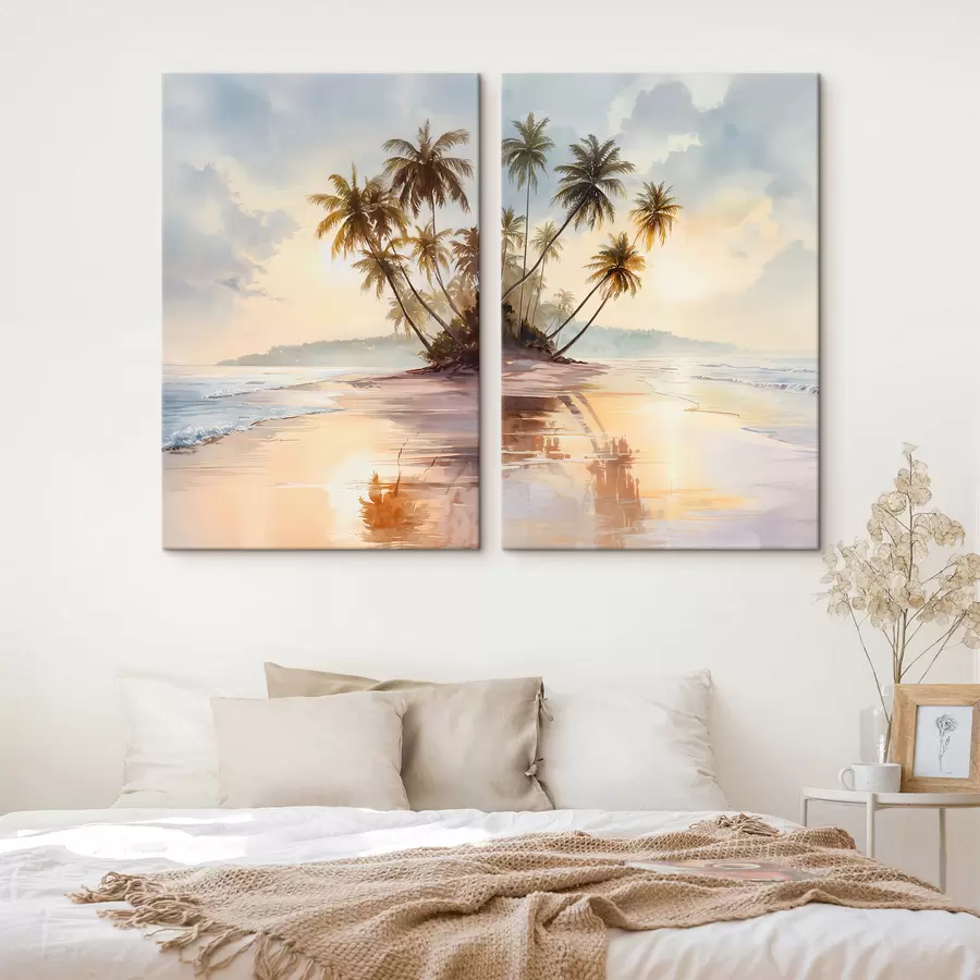 murales de pared Puesta de sol en la playa de una isla, en estilo acuarela. m01177