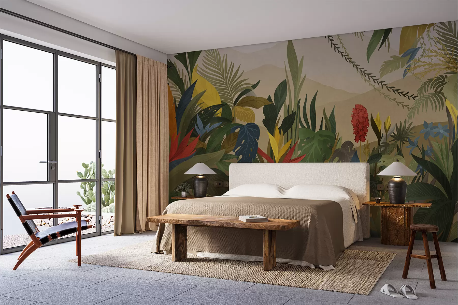 murales de pared Follaje tropical con hojas grandes y flores. w05019