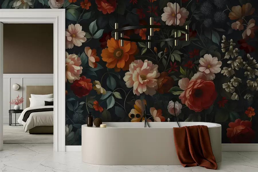 murales de pared Estampado floral oscuro con exuberantes flores de jardín. w05087