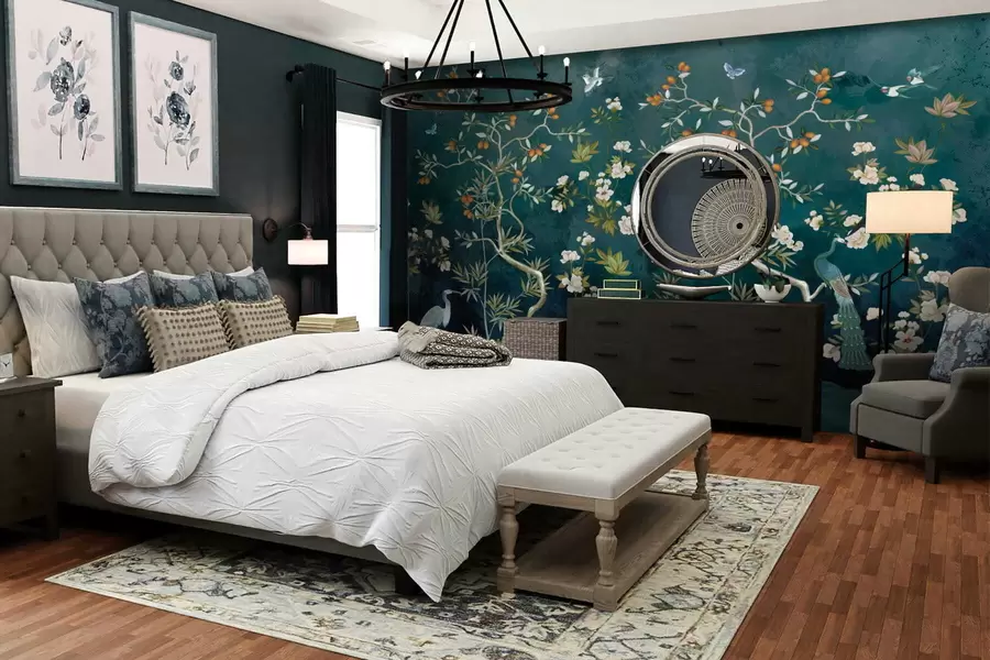 murales de pared Escena decorativa con árboles, flores y pájaros sobre fondo oscuro. w05004