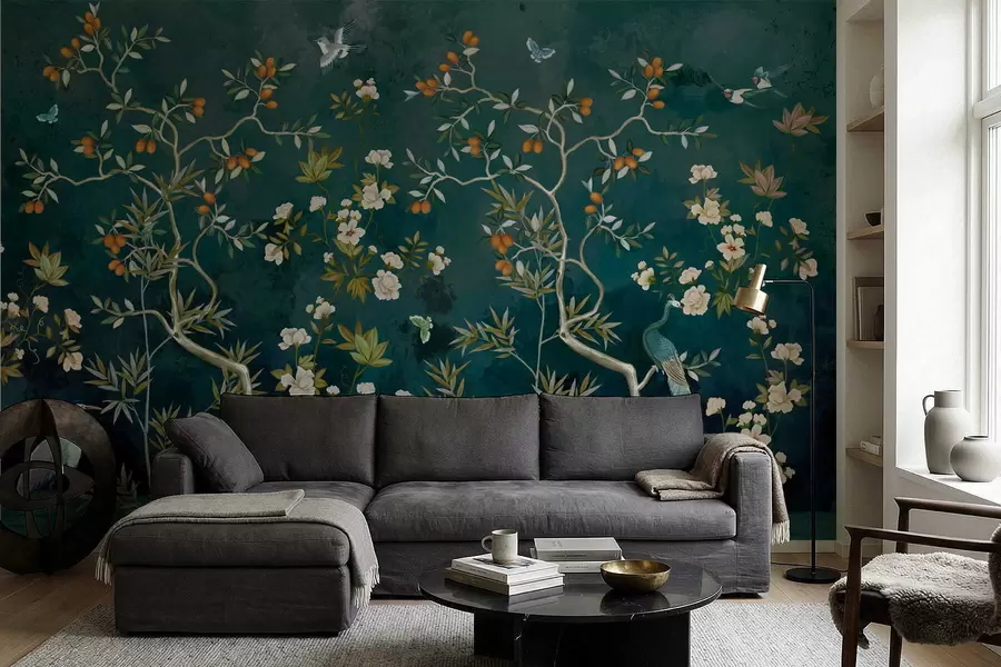murales de pared Escena decorativa con árboles, flores y pájaros sobre fondo oscuro. w05004