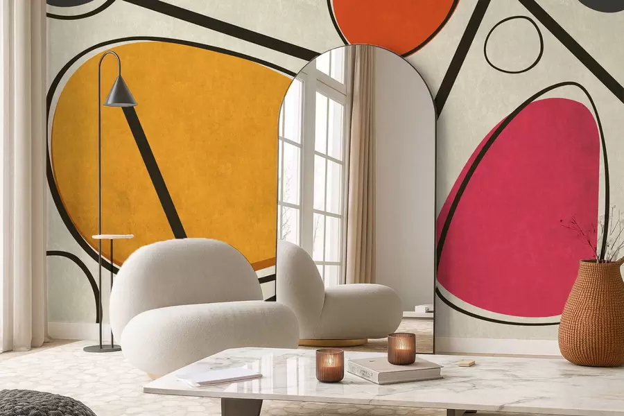 murales de pared Formas abstractas y líneas con campos de colores vivos. w05017