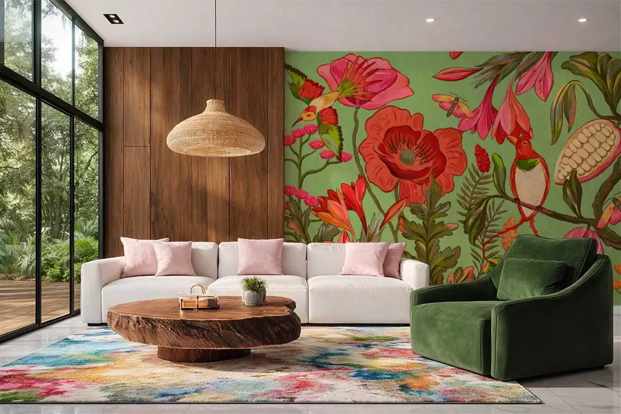 murales de pared Flores y pájaros decorativos sobre fondo verde w05036v1