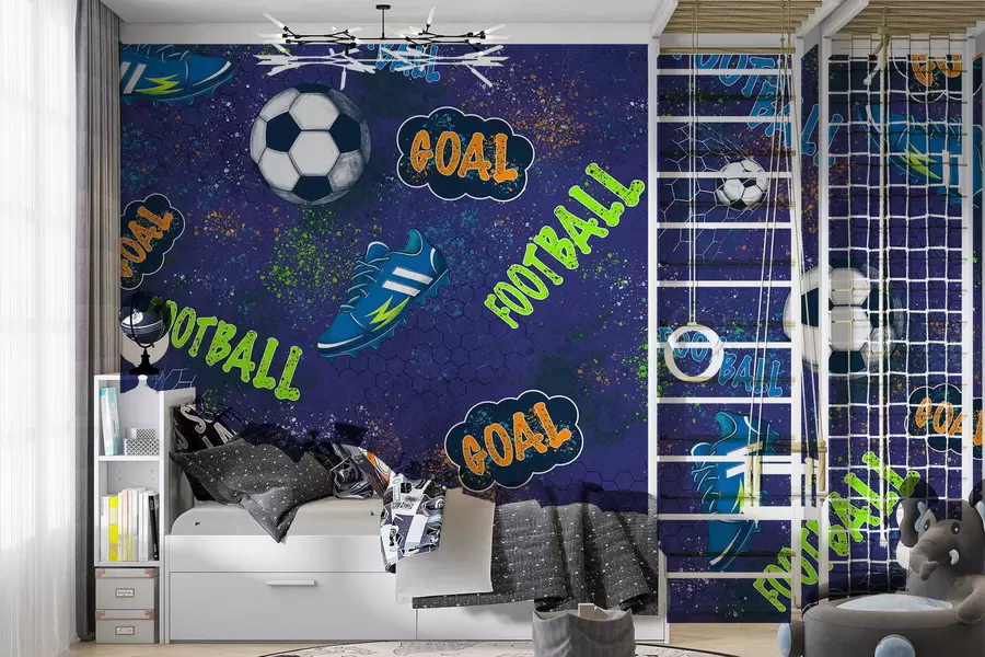murales de pared Patrón de fútbol infantil en tonos azul oscuro w05037v3
