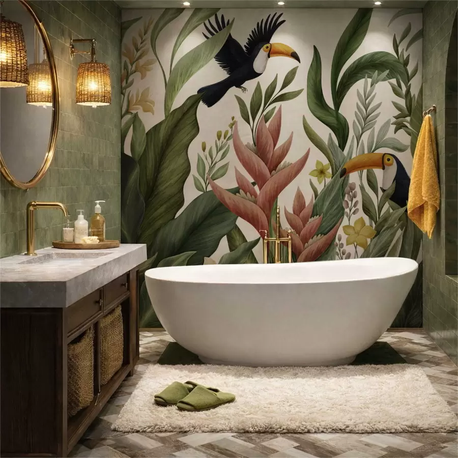 murales de pared Plantas tropicales y aves de pico grande sobre fondo claro w05088v1