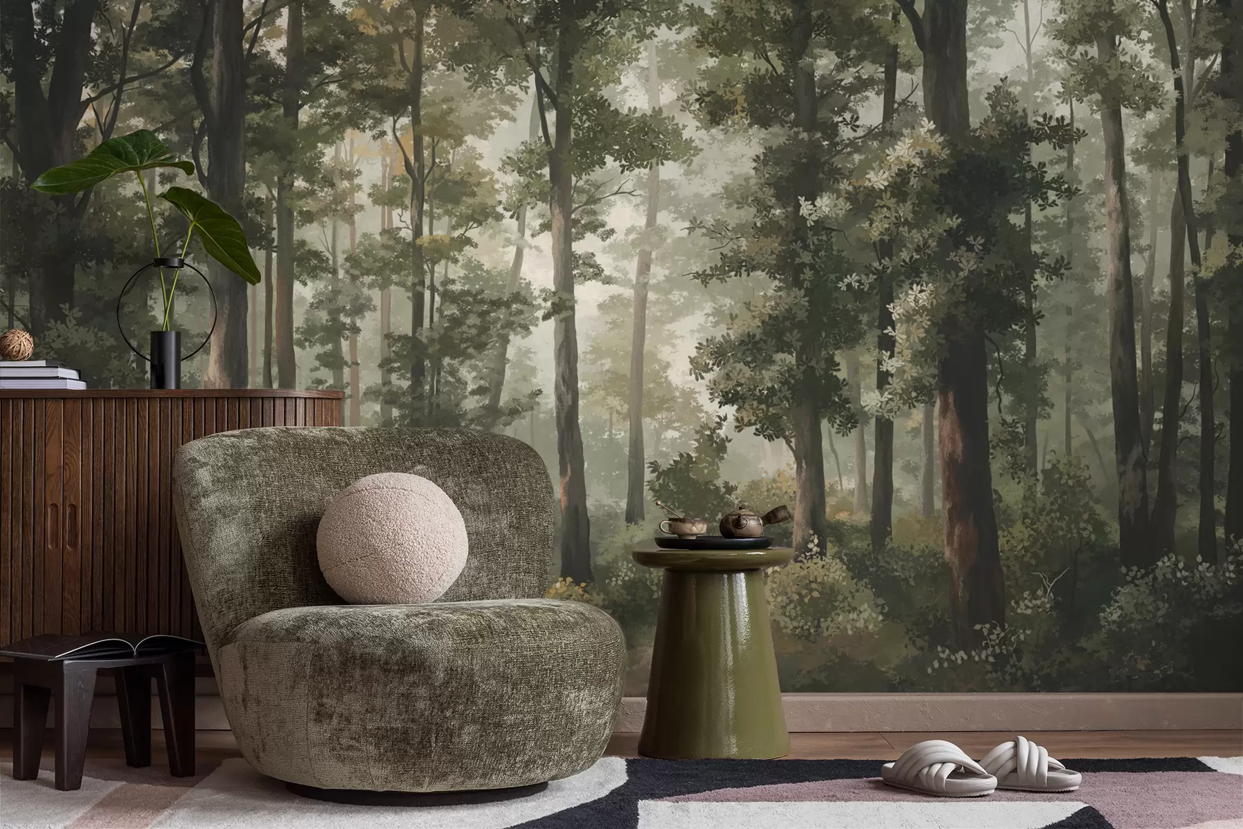 murales de pared Ilustración de un bosque con niebla, árboles altos y un sendero. w05089